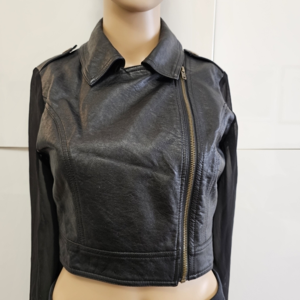 Black Moto Polyester Jacket Sheer Sleeves